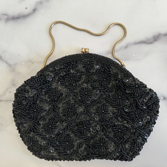 Vintage 1950s Black Beaded Evening Clutch Purse With Chain Strap  Handmade In Ho - Picture 1 of 6